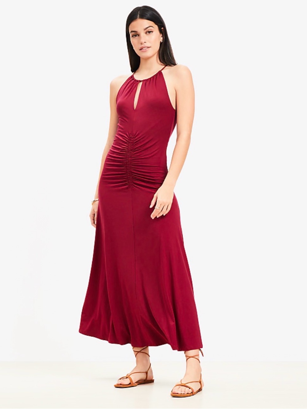 LOFT Crimson Ruched Midi Dress